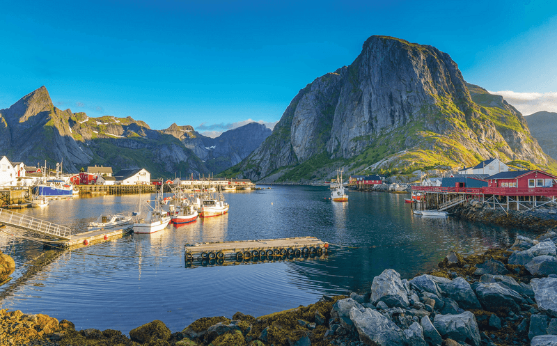Norway Panoramic view of Lofoten Islands in Norway with sunset scenic