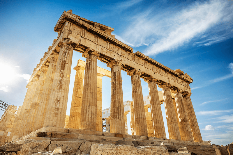 The Parthenon on the Athenian Acropolis in Sunlight. The Temple is dedicated to the Greek Goddess Athena. Athens, Greece.