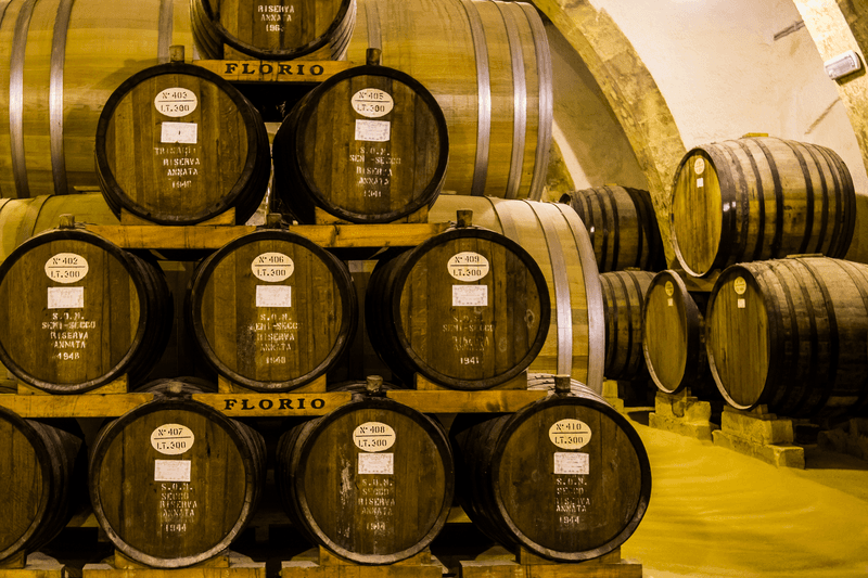 Barrels of Florio in Italy. Florio is a ancient wine and marsala producer in Sicily, Italy