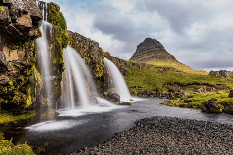 The famous view of Kirkjufellsfoss waterfall and Mt Kirkjufell, Iceland