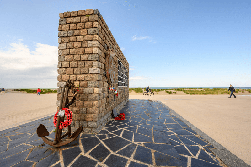 Operation Dynamo Memorial to Allied Forces in Dunkirk with sand dunes in the background, Dunkirk, France
