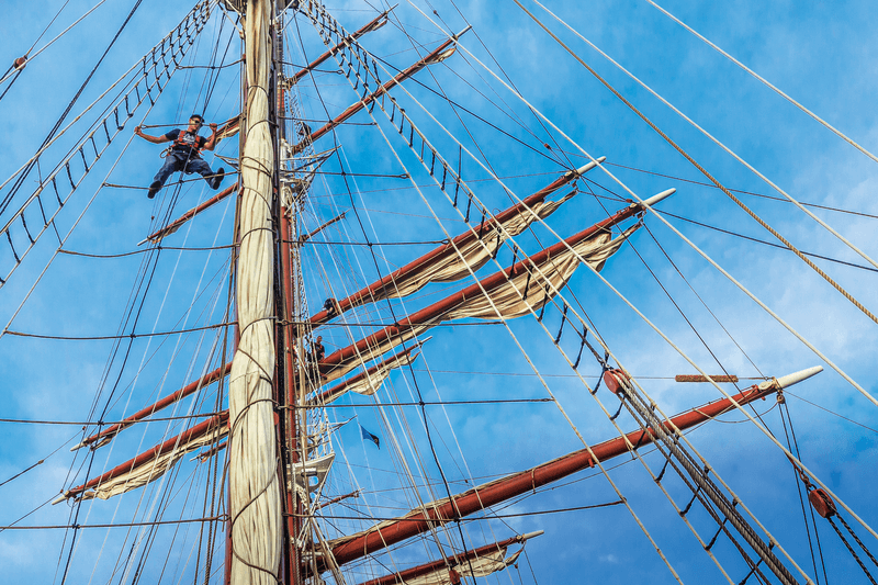 Sailor in the Rigging,, Tall Ship, S.Y. Sea Cloud, Mediterranean, Greece
