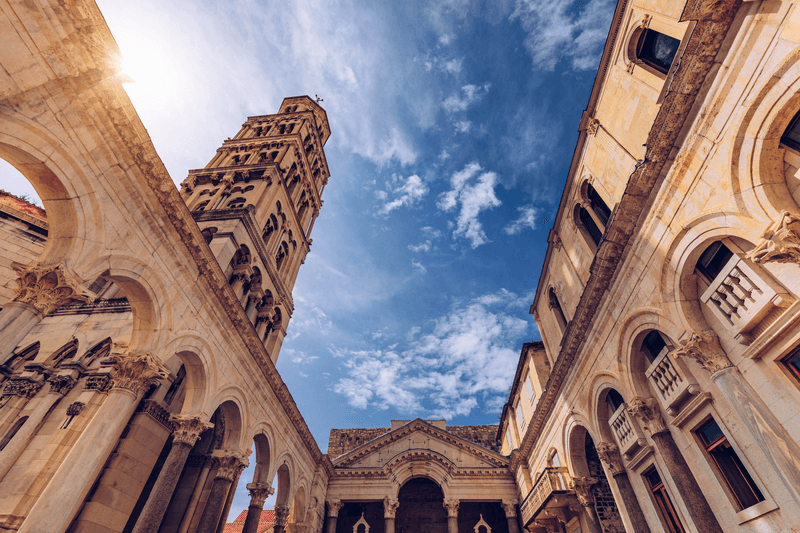 Diocletian's Palace's peristyle in front of Cathedral of Saint Domnius' bell tower in Split, Croatia. Diocletian palace UNESCO world heritage site in Split, Dalmatia, Croatia.