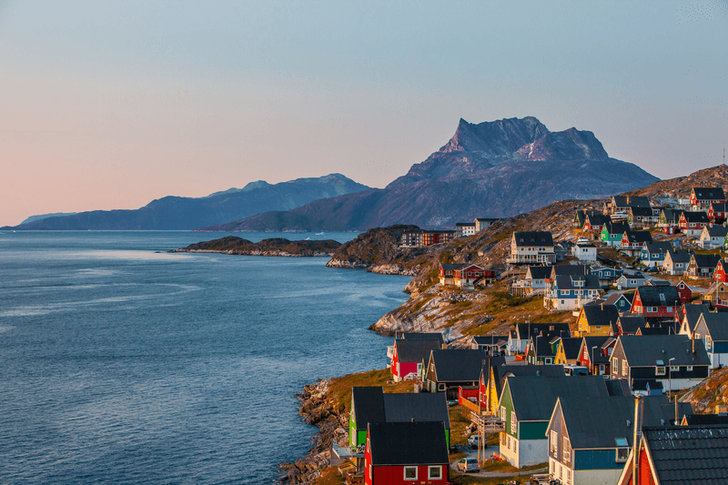 Colorfull houses at sunset in the capital of Greenland, Nuuk.