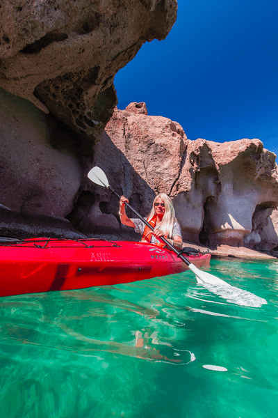 A guest kayaking in Ensenada Grande, Baja California Sur, Mexico.