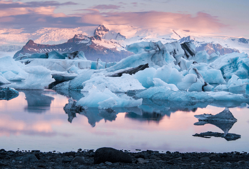 A reflection sunset view of Jökulsárlón Glacier Lagoon, Iceland
