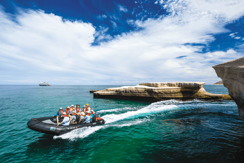 Guests exploring by zodiac in Punta Colorada, Isla San Jose, Sea of Cortz, Baja California Sur, Mexico