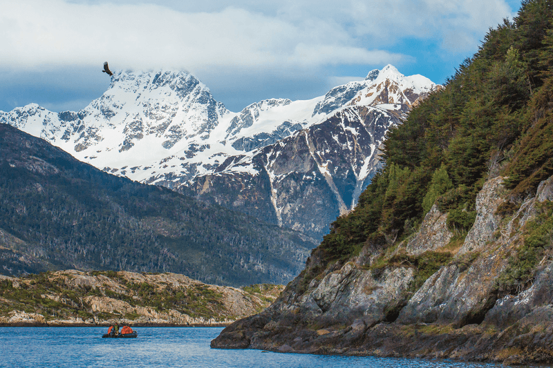 Guests explor by zodiac in Karukinka Natural Park, Chile