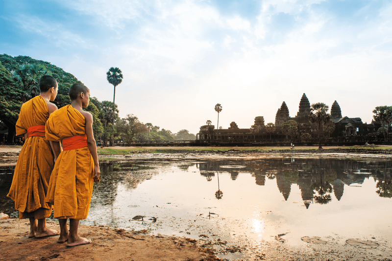 Two young monks at Angkor Wat, temple complex, in Cambodia