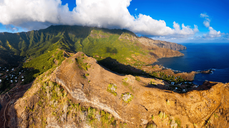 Aerial view of the bays of Habe and Hokatu in the island of Ua Huka in the Marquesas archipelago in French Polynesia
