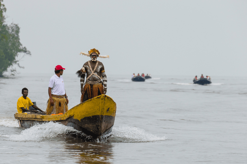 Local Culture, Greeting Ceremony, Tribal Culture, Dug Out Canoes, ,  Asmat, Syuru Village, New Guinea
