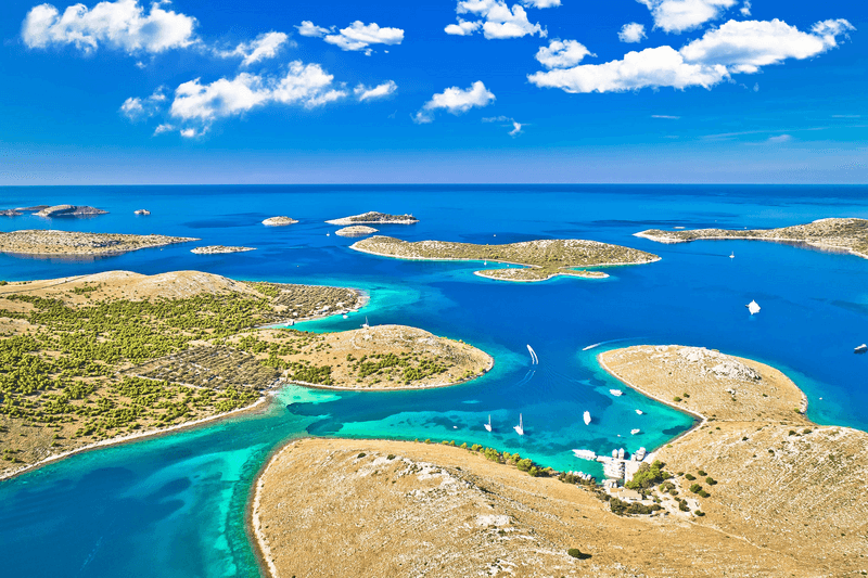 Aerial view of the island archipelago landscape of Kornati National Park in the Dalmatia region of Croatia