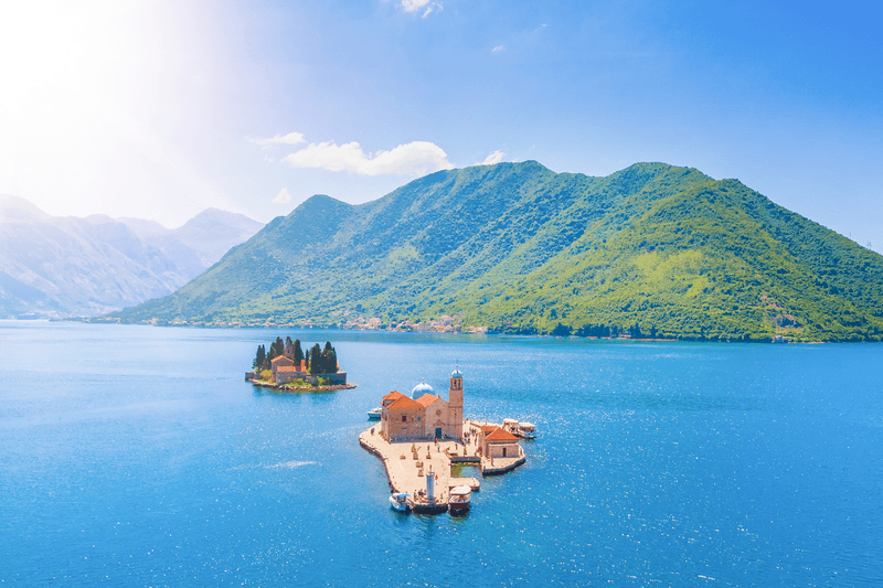Panoramic view of the islands with a church and a monastery in the sea