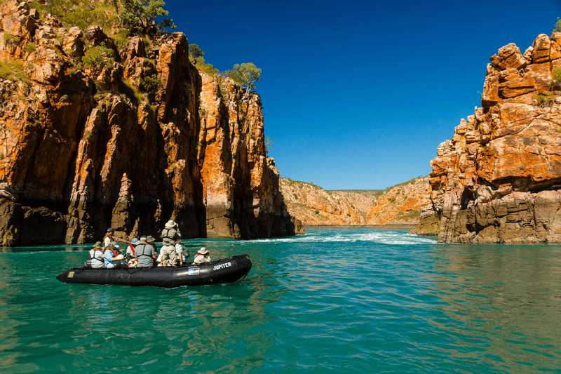 Guests explore by zodiac at Cyclone Bay, Talbot Bay in the Kimberley Region, Northwest Australia