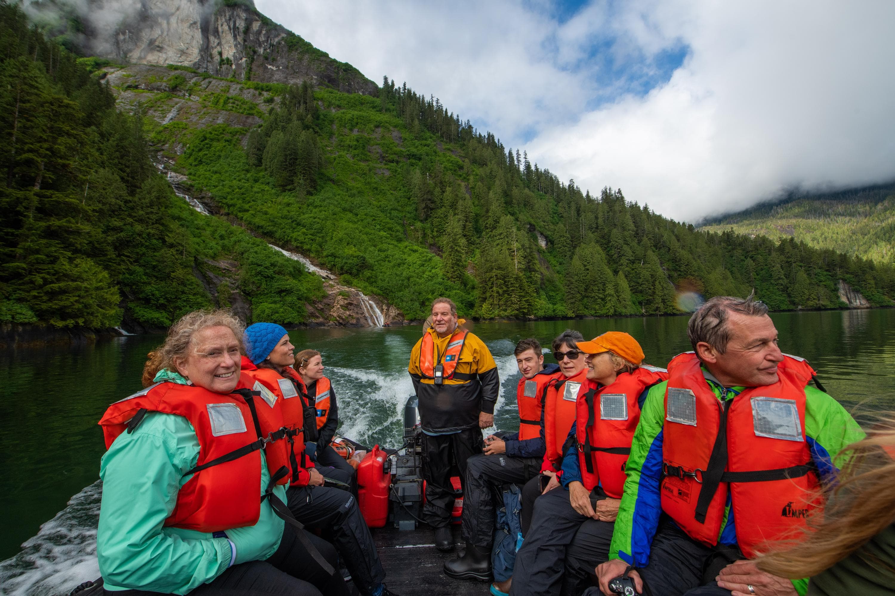 Guests explore by zodiac, Owl Pass in Rudyerd Bay, Misty Fiords National Monument, Ketchikan, Alaska, USA.