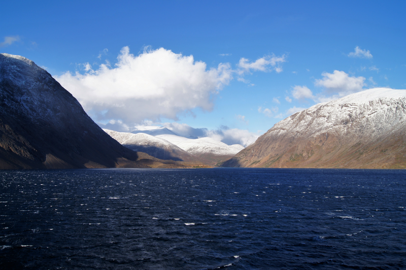 Snowcapped mountains shot from the water, Torngat Mountains, Québec, Canada