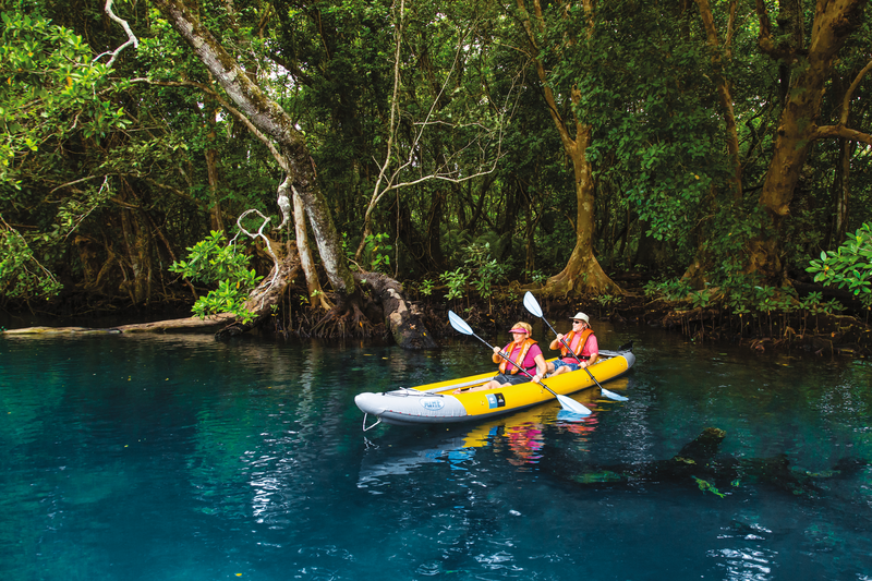 Guests kayaking a blue hole, in Espiritu Santa Island, Vanuatu