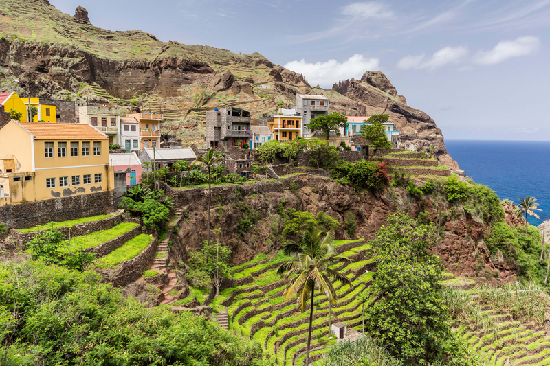 A view of the extreme terraces surrounding the village of Fontainhas on Santo Antao Island, Cabo Verde,  Africa.