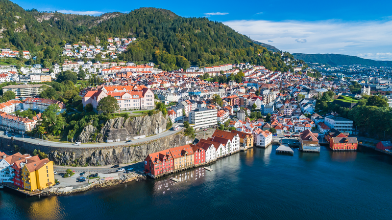 Aerial view of Bergen old town, Bergen, Norway