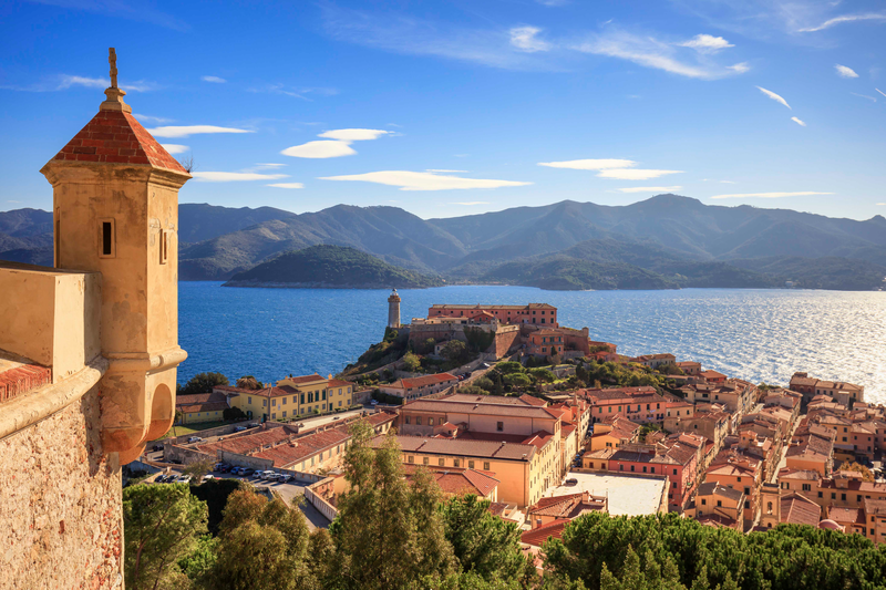 Aerial view of Elba island, Portoferraio to the lighthouse and fort, Tuscany, Italy, Europe