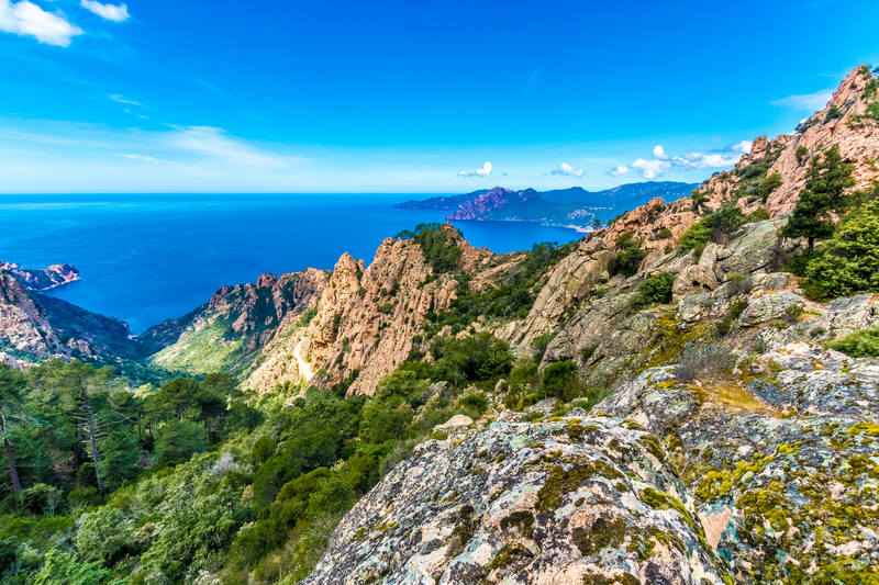 Jagged cliffs of Les Calanque de Piana in Corsica