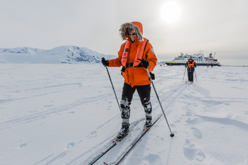 Geusts cross-country skiing on frozen ocean in Antarctica!. The National Geographic Orion rammed into fast ice at Cape Renaud, Antarctica.