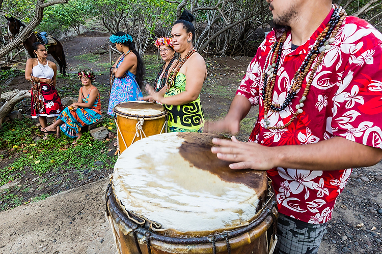 Local musicians welcoming visitors to the village of Hane, Ua Huka Island, Marquesas, French Polynesia.