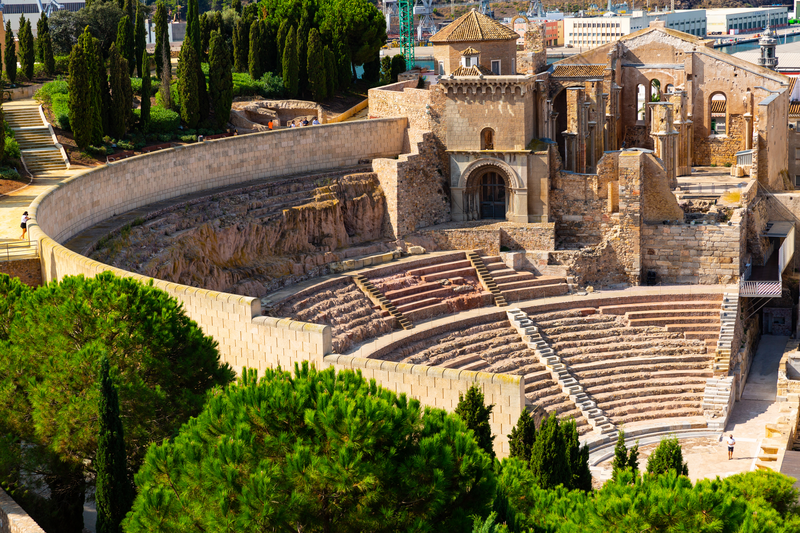 An aerial view of the ruins of roman amphitheater in Cartagena port city, Autonomous Community of Murcia, Spain