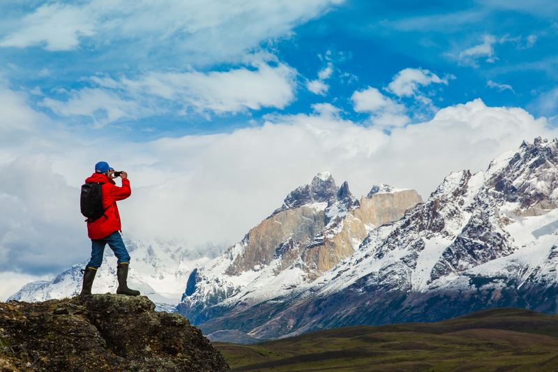 Hiker taking Photos with iPhone, Torres Del Paine National Park, Patagonia, UNESCO World Heritage Site, Chile, South America