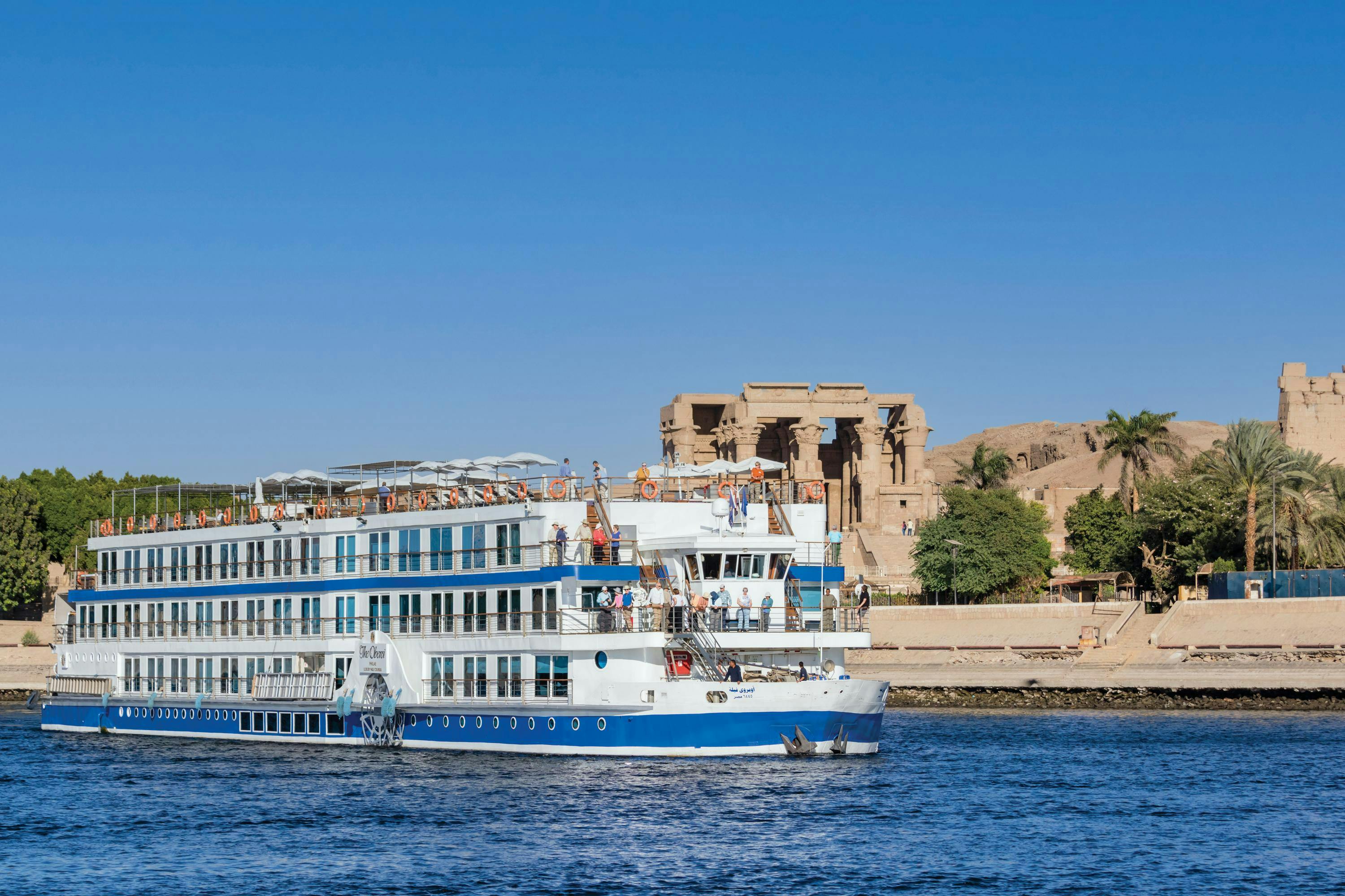 Guests on the ship Oberoi Philae departing from Kom Ombo to cruise further south on the Nile toward Aswan
