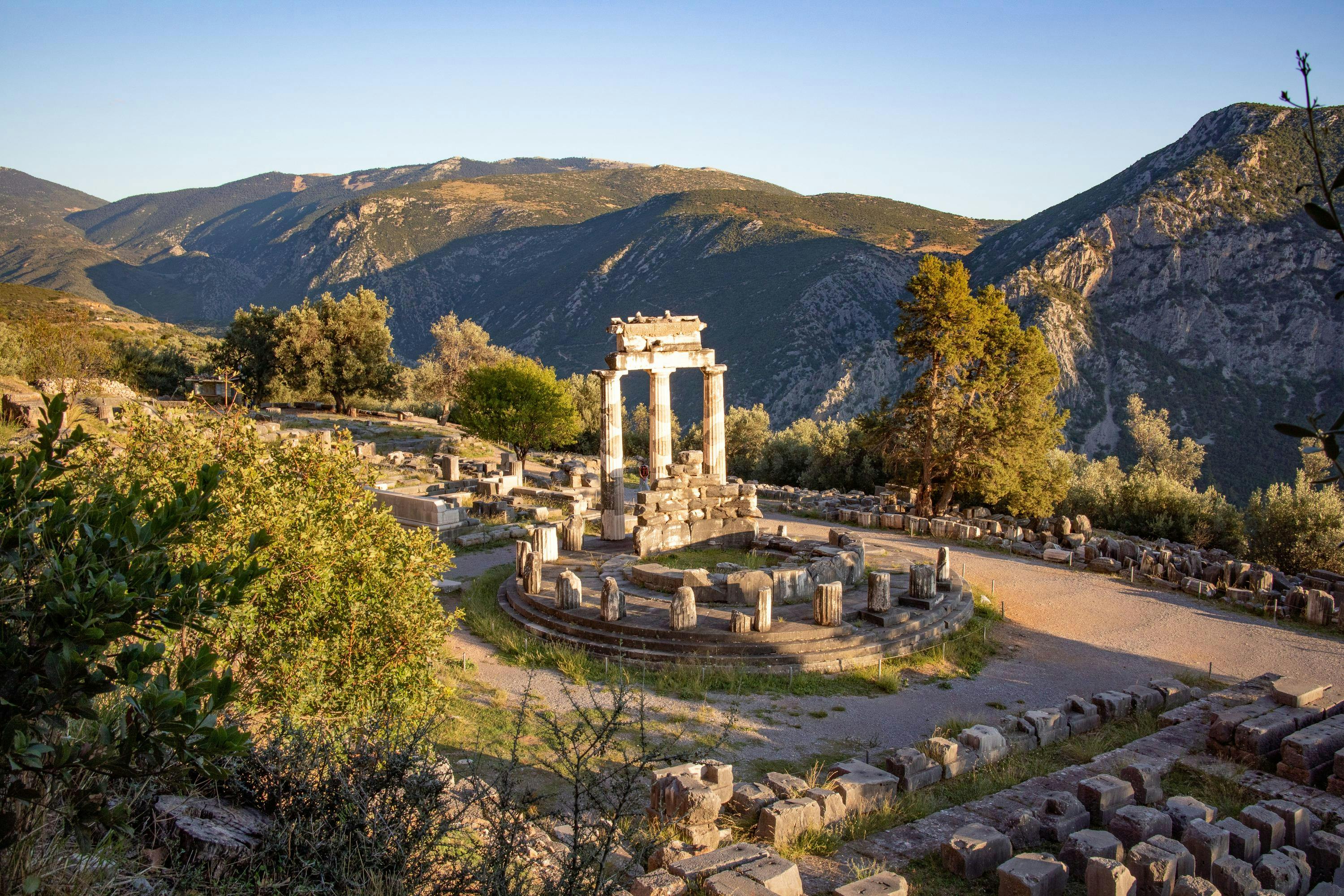 This image features the Temple of Artemis in Delphi, ruins of ancient Greece
