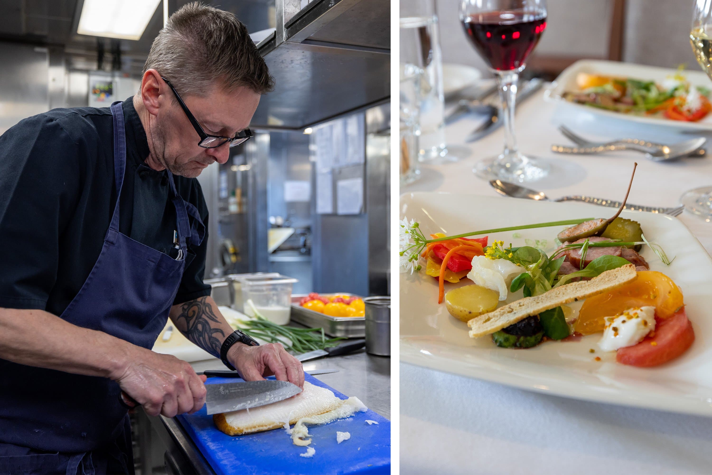 Chef preparing fish (left) and plated meal (right) on the ship National Geographic Explorer.