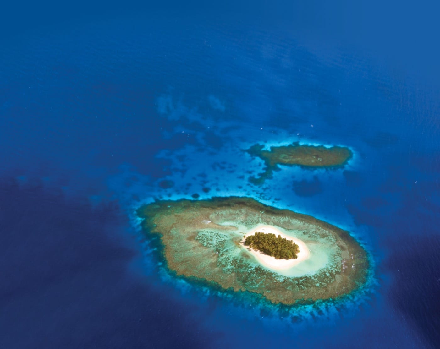 Seen from far above, a tiny isolated beach island covered with a thick grove of trees