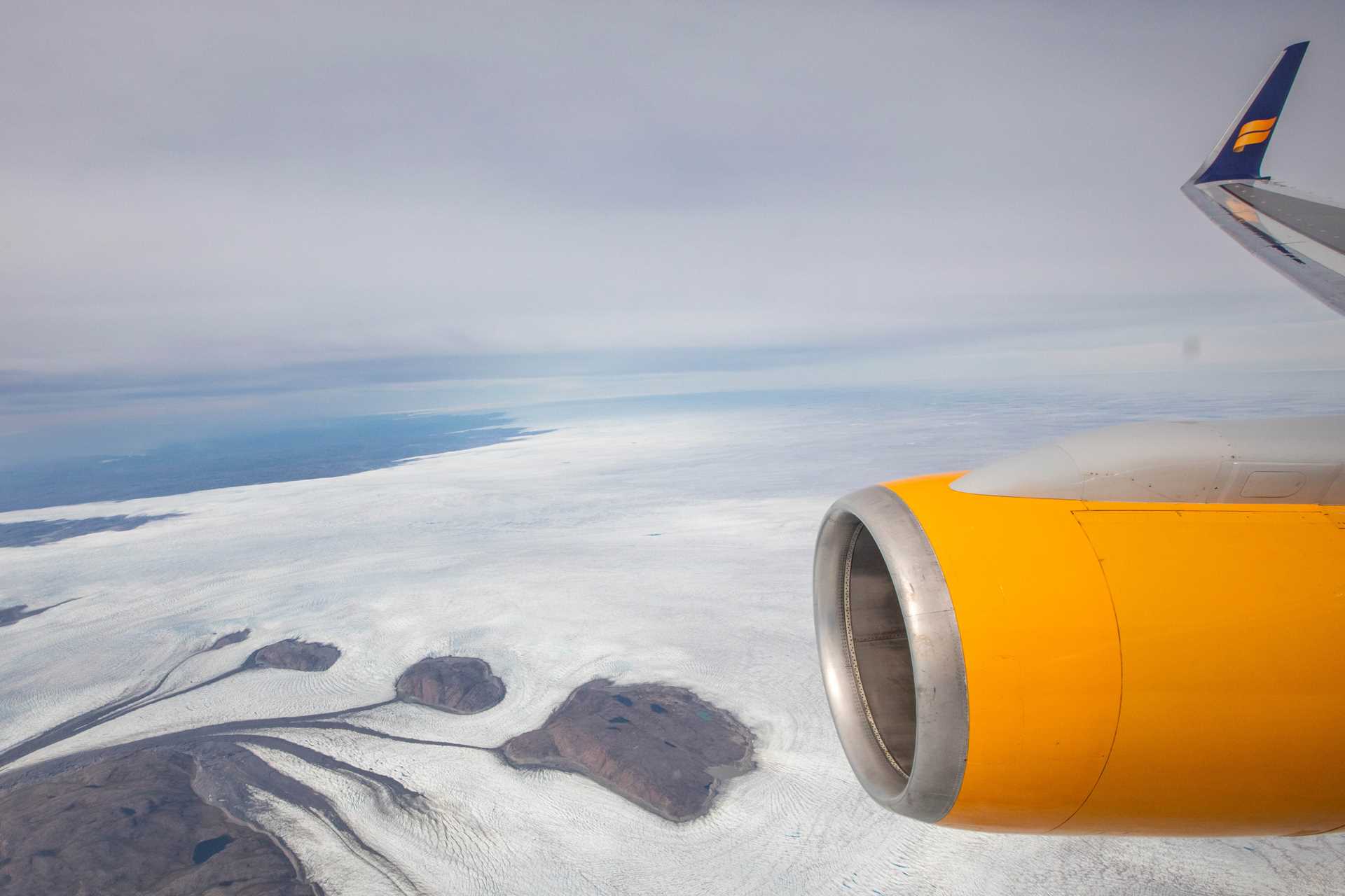 Airplane wing visible over Kangerlussuaq, Greenland