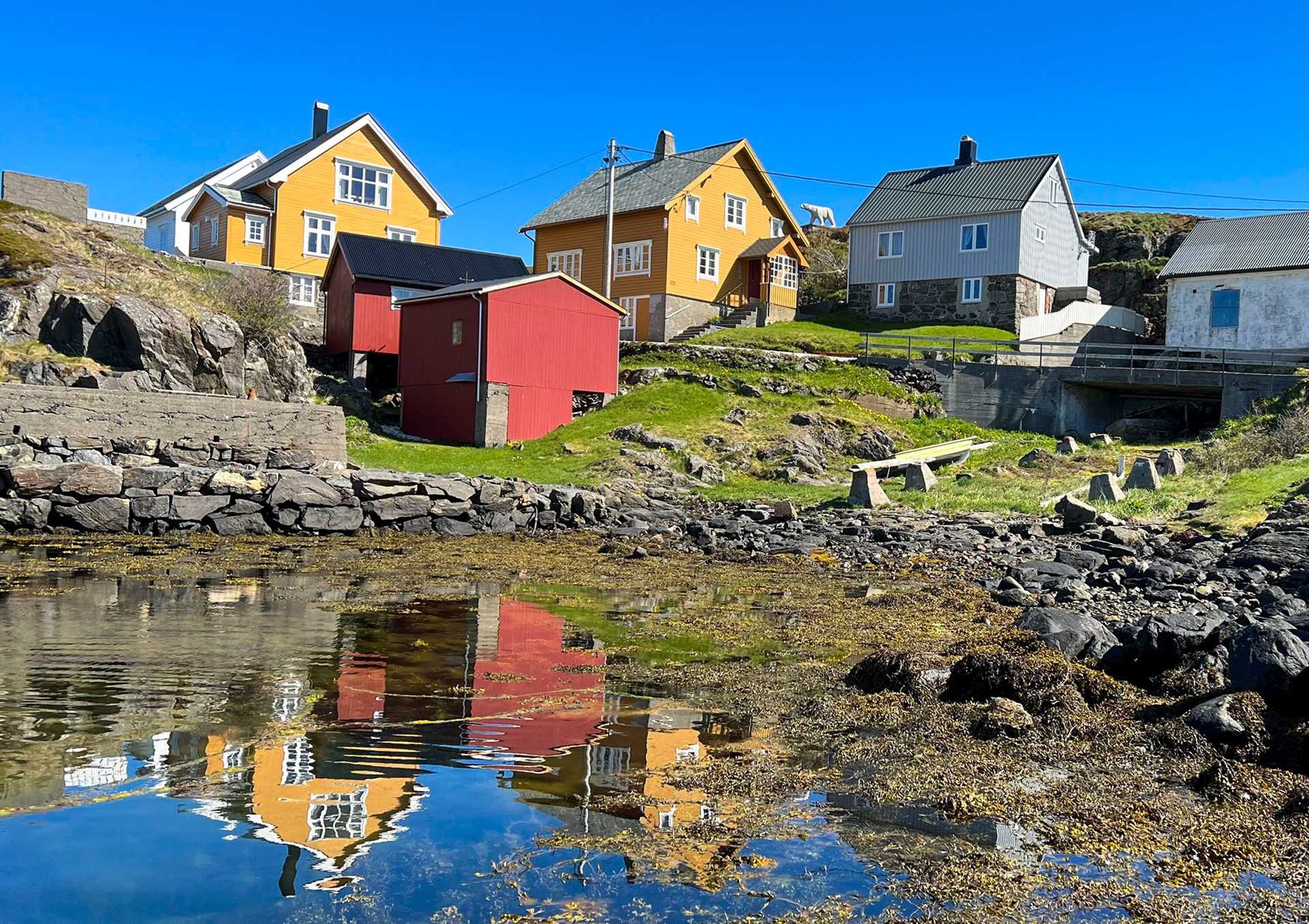 colorful houses on a shore, reflected in the water